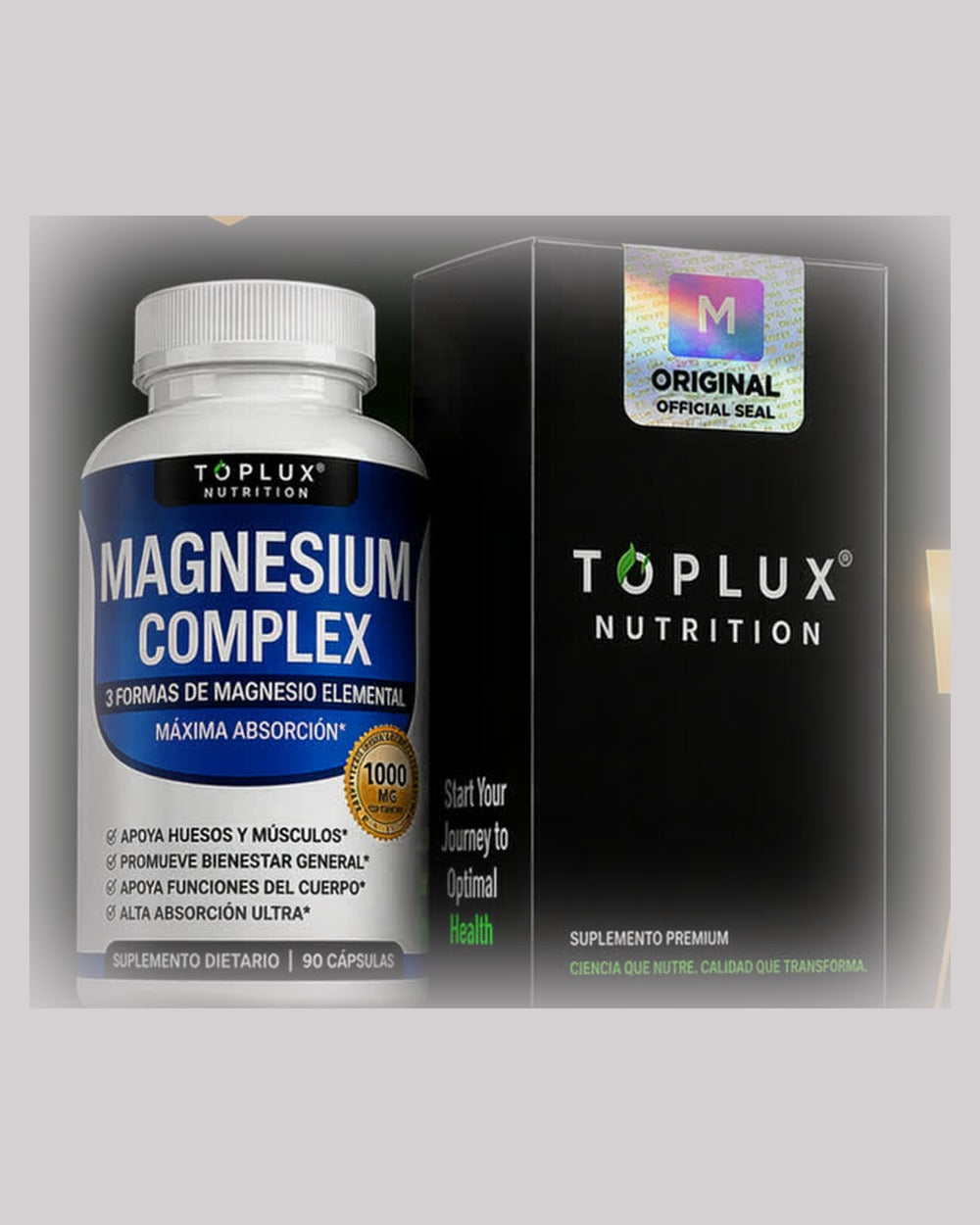 Magnesium Complex TOPLUX - caja y frasco, fondo neutro