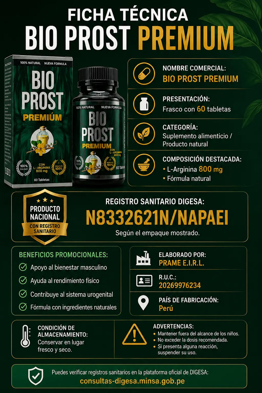 Bio Prost Premium - ficha técnica: composición, presentación y advertencias