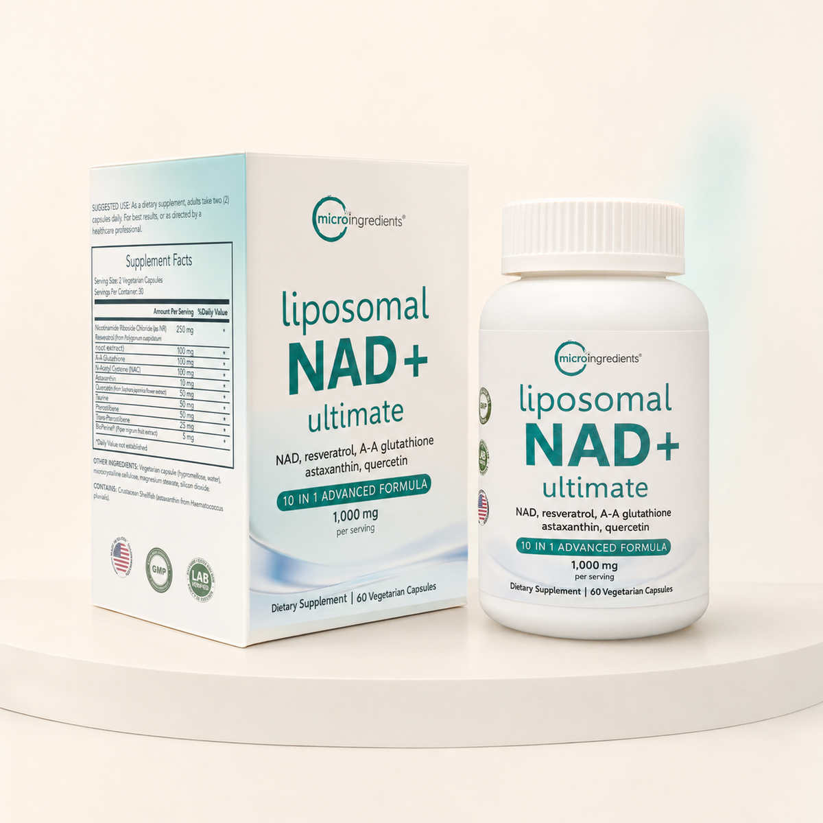 Liposomal NAD Ultimate - caja y frasco, fondo neutro