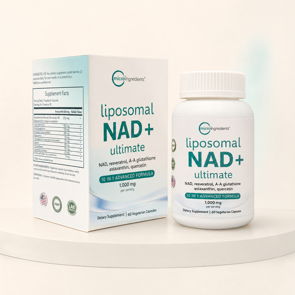 Liposomal NAD Ultimate - caja y frasco, fondo neutro