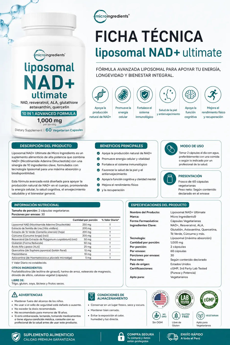 Liposomal NAD+ Ultimate - ficha técnica: composición, presentación y advertencias
