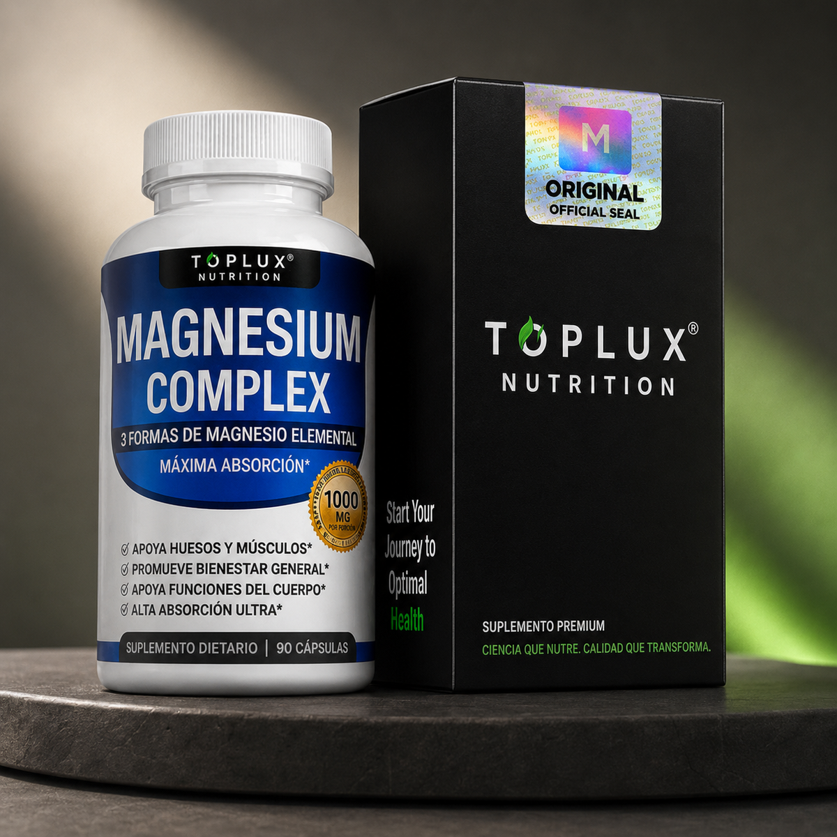Magnesium Complex TOPLUX - caja y frasco, fondo neutro